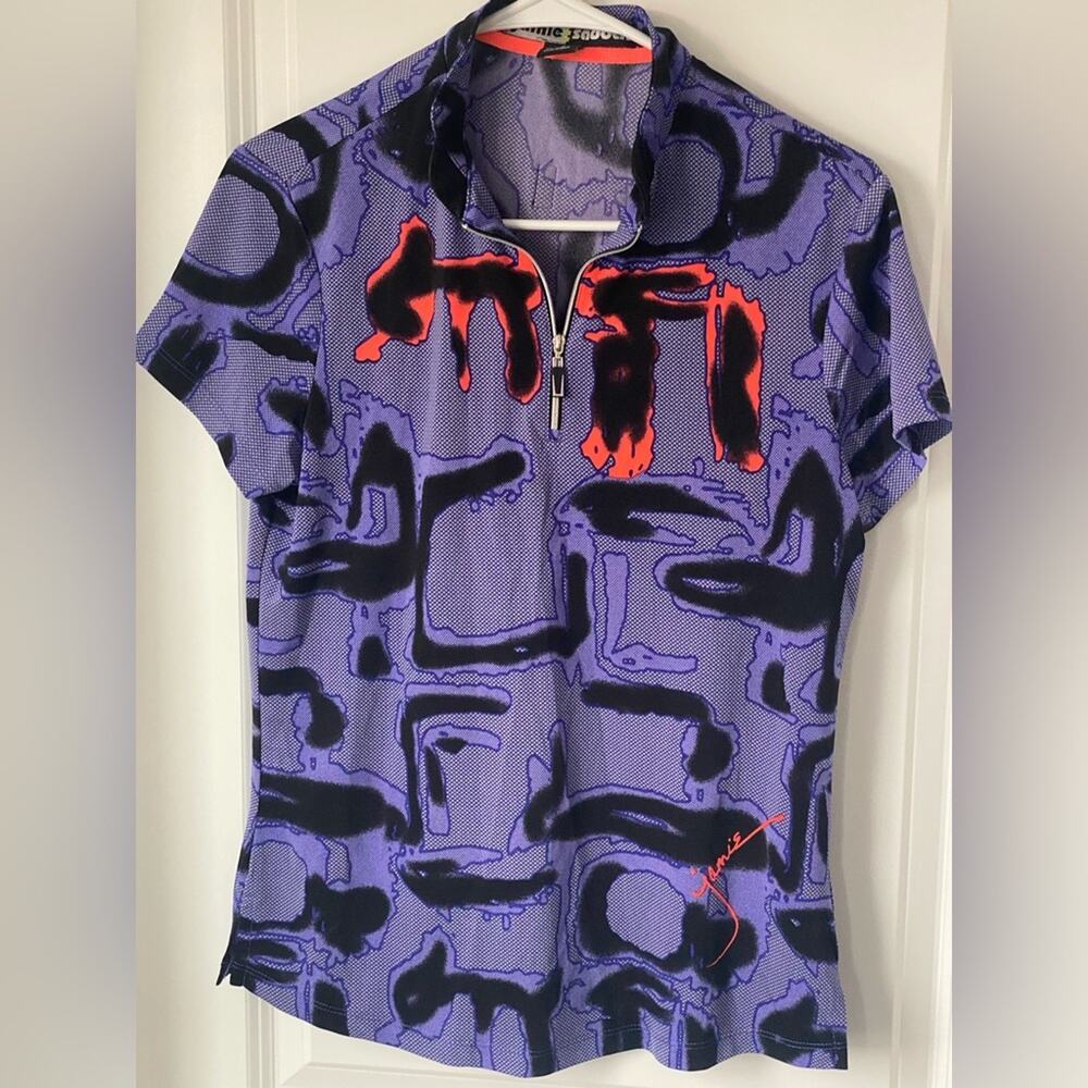 Jamie Sadock Small Short Sleeve Shirt Purple Abstract Signed 1/4 Zip Golf